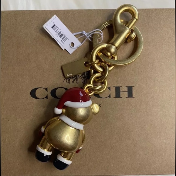 🎄🧸NWT COACH 3D Christmas Santa Teddy Bear Bag Charm Key Chain Ring Gold - Picture 3 of 7